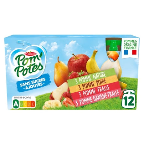 Compotes pomme, poire, fraise, banane fraise sans sucres ajoutés POM'POTES