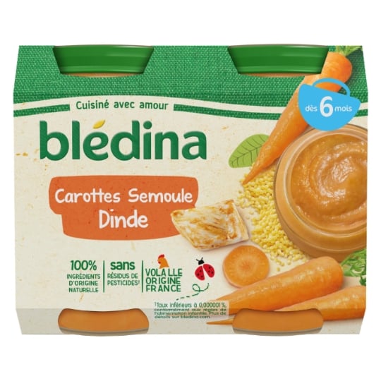 Petits pots bébé dès 6 mois, carottes semoule dinde BLEDINA