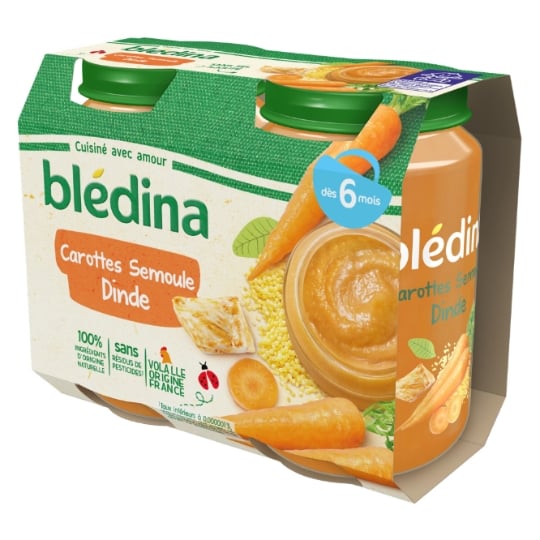 Petits pots bébé dès 6 mois, carottes semoule dinde BLEDINA