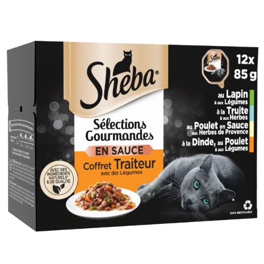 Pâtée pour chat Adulte en sauce au lapin, à la truite, au poulet & dinde SHEBA