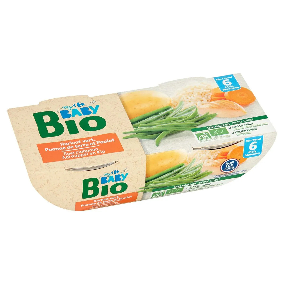 CARREFOUR BABY Bol Haricots Verts Poulet Bio 6m+ 2x200g