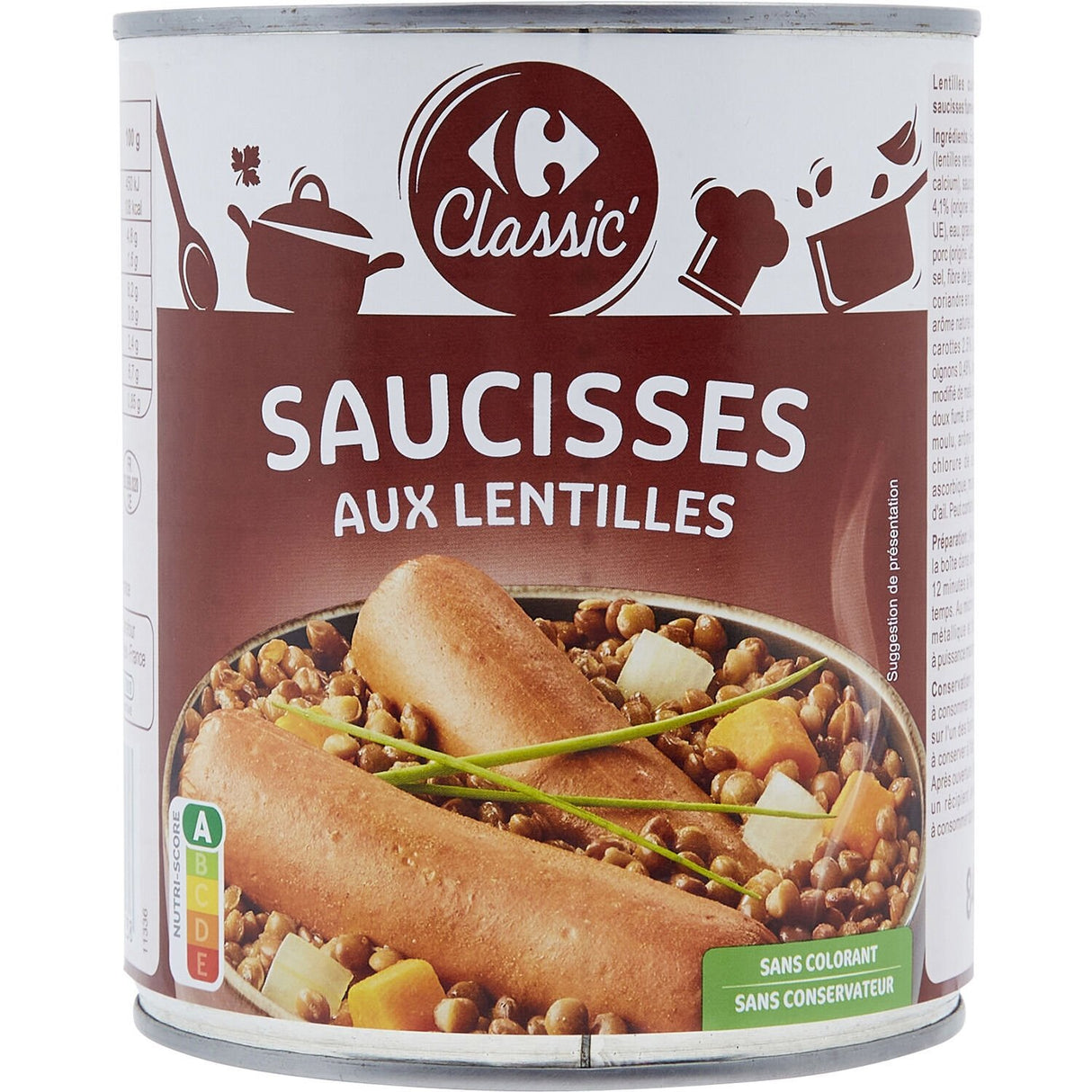 CARREFOUR Saucisses aux Lentilles Cuisinées Conserve 800g