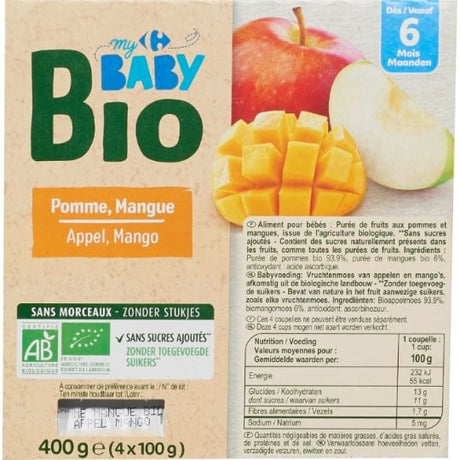 Desserts bébé , dès 6 mois pomme mangue Bio CARREFOUR BABY