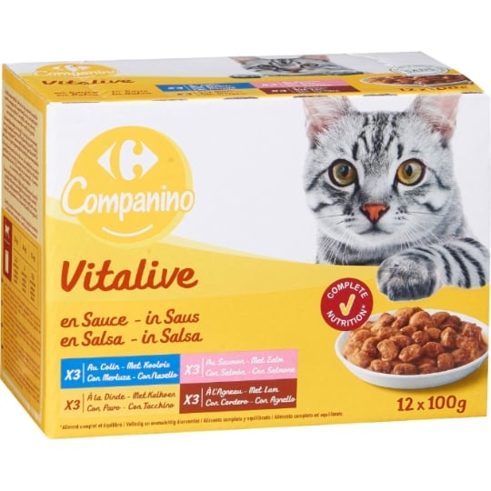 Pâtée pour chat Adulte en sauce au colin, au saumon, à la dinde & agneau CARREFOUR COMPANINO