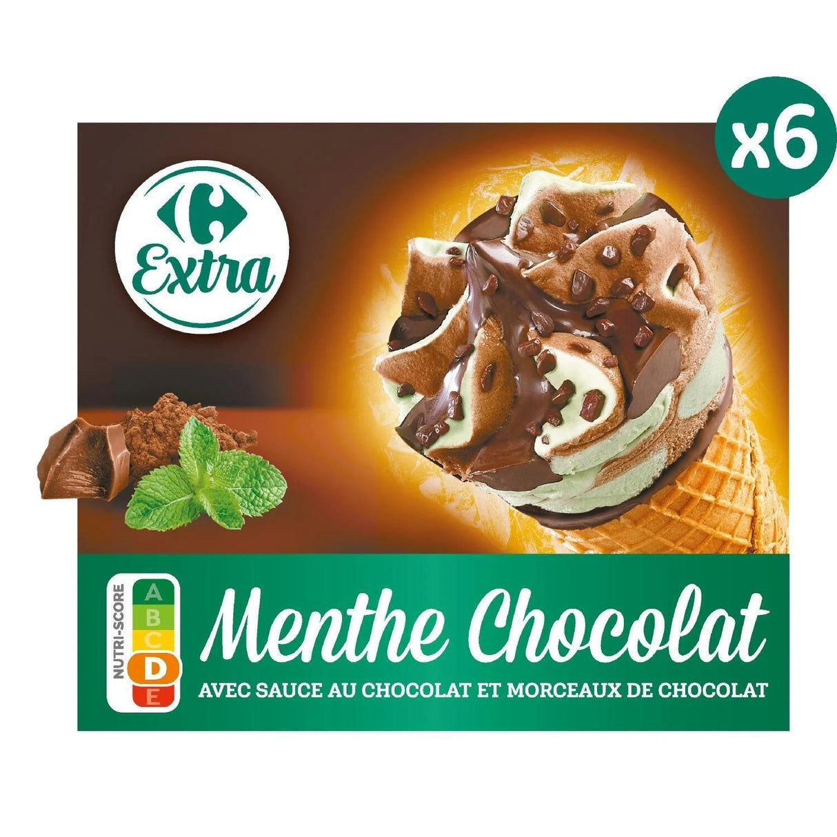 CARREFOUR EXTRA Cônes Glacés Menthe Chocolat Pack de 6 432g