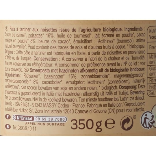 Pâte à tartiner au chocolat 16% noisettes Bio CARREFOUR BIO