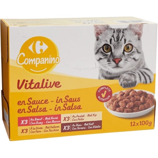 Pâtée pour chat Adulte en sauce au bœuf, au poulet, à la dinde & veau CARREFOUR COMPANINO