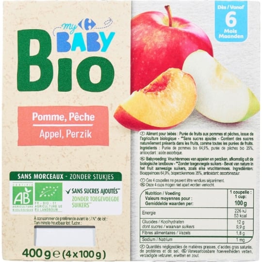 Desserts bébé dès 6 mois pomme pêche Bio CARREFOUR BABY