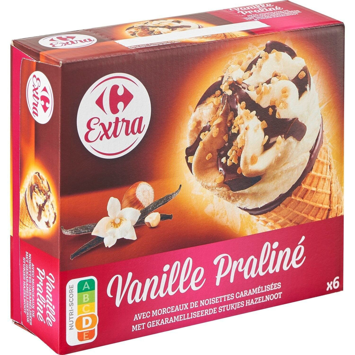 CARREFOUR EXTRA Cônes Glacés Vanille Pralinée Pack de 6 720ml