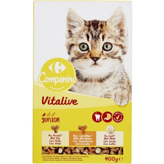 Croquettes pour chat Junior au poulet, aux carottes avec du lait CARREFOUR