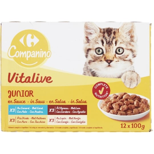 Pâtée pour chat Junior en sauce au canard, à l'agneau, à la dinde & lapin CARREFOUR