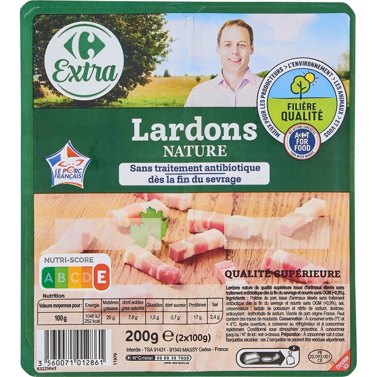 CARREFOUR Lardons Nature Sans Antibiotique Pack de 2x100g