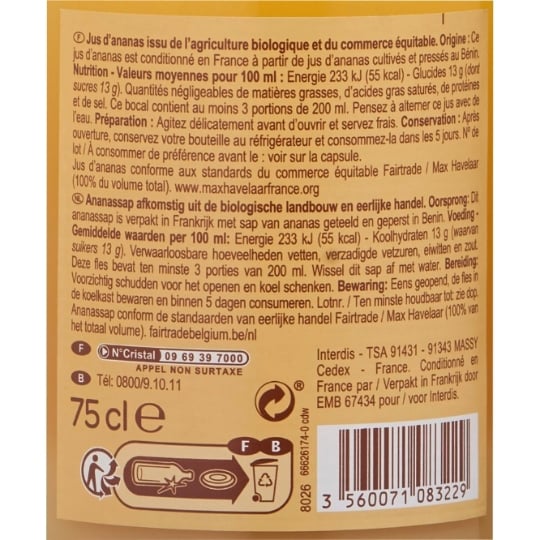 Jus d'ananas 100% pur fruit pressé Bio CARREFOUR BIO