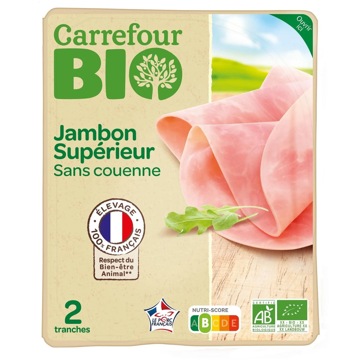 CARREFOUR BIO Jambon Supérieur 2 Tranches 80 g