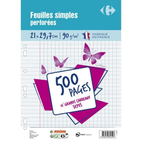 Feuille simple perforée 21 cm x 29,7 cm - 500 feuilles - Grands carreaux CARREFOUR