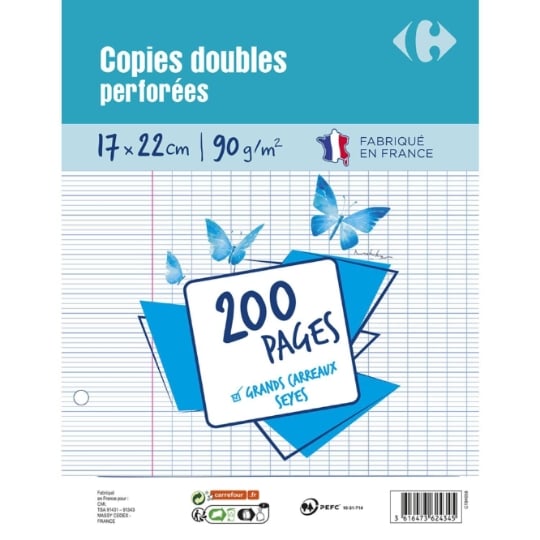 Copies doubles perforées 17 cm x 22 cm - 200 feuilles - Grands carreaux CARREFOUR