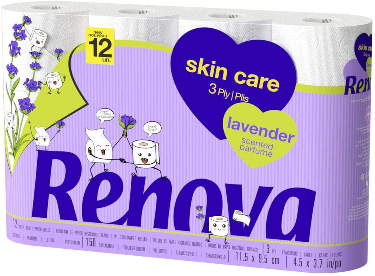 RENOVA Papier Hygiénique Skin Care Lavande Parfumé Triple Épaisseur Lot de 12 Rouleaux