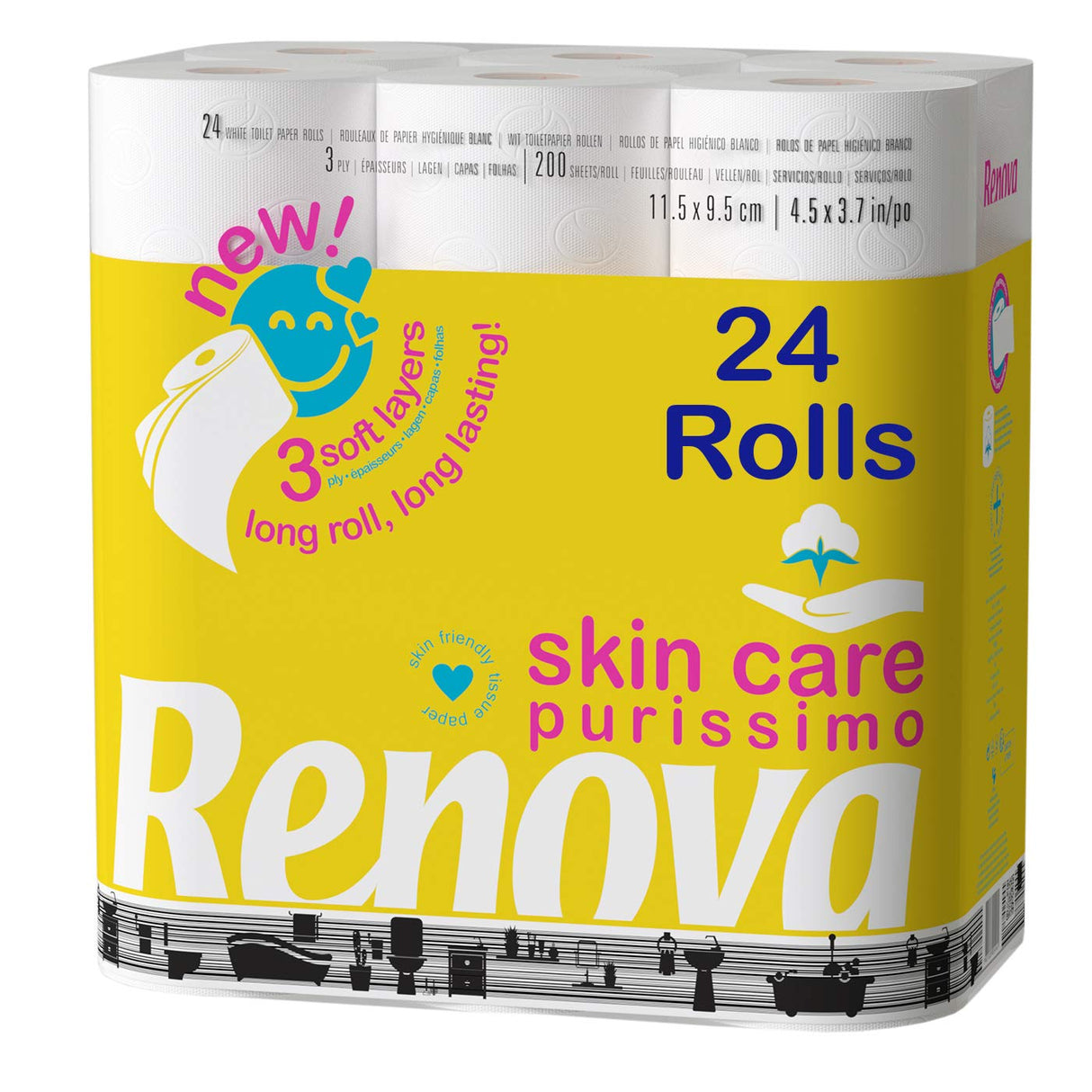 RENOVA Papier Hygiénique Skin Care Hypoallergénique Triple Épaisseur Lot de 24 Rouleaux