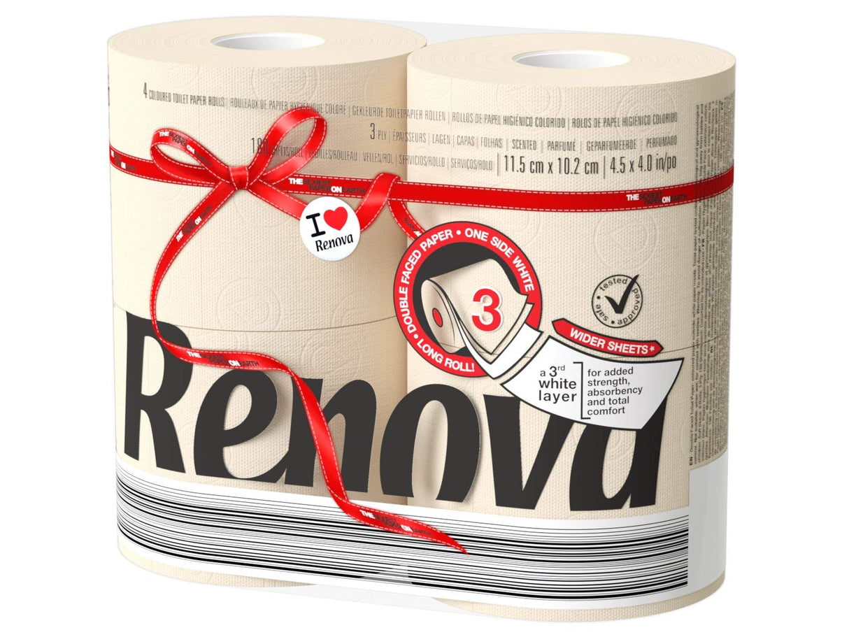 RENOVA Papier Hygiénique Red Label Beige Triple Épaisseur Lot de 4 Rouleaux