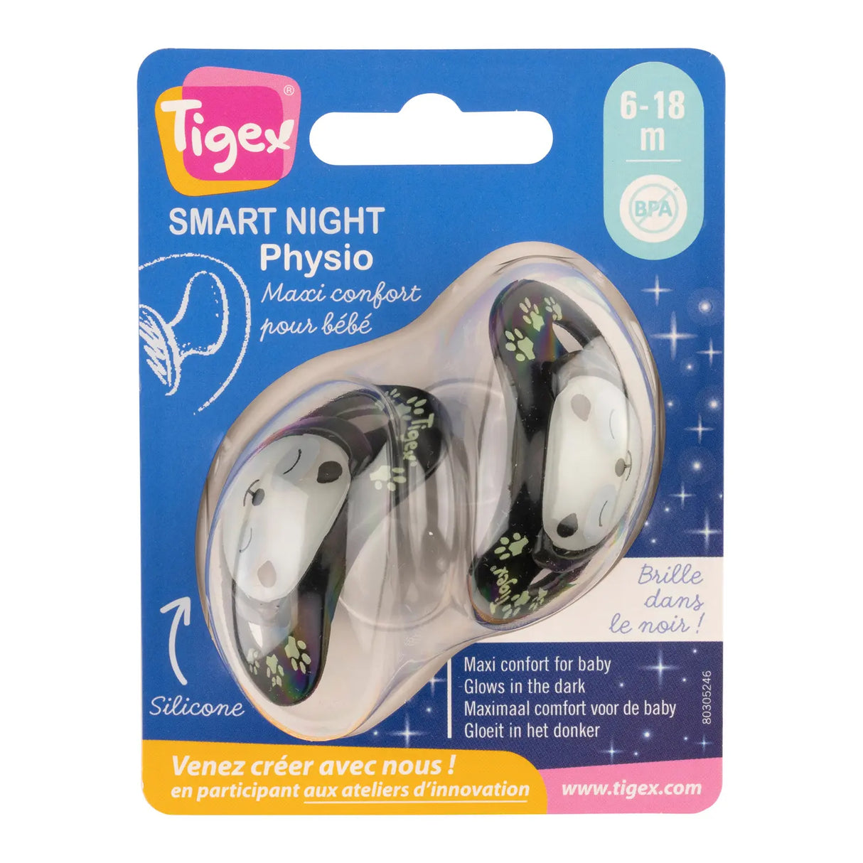 TIGEX Sucette Physiologique Silicone 6-18 mois Nuit Pack de 2