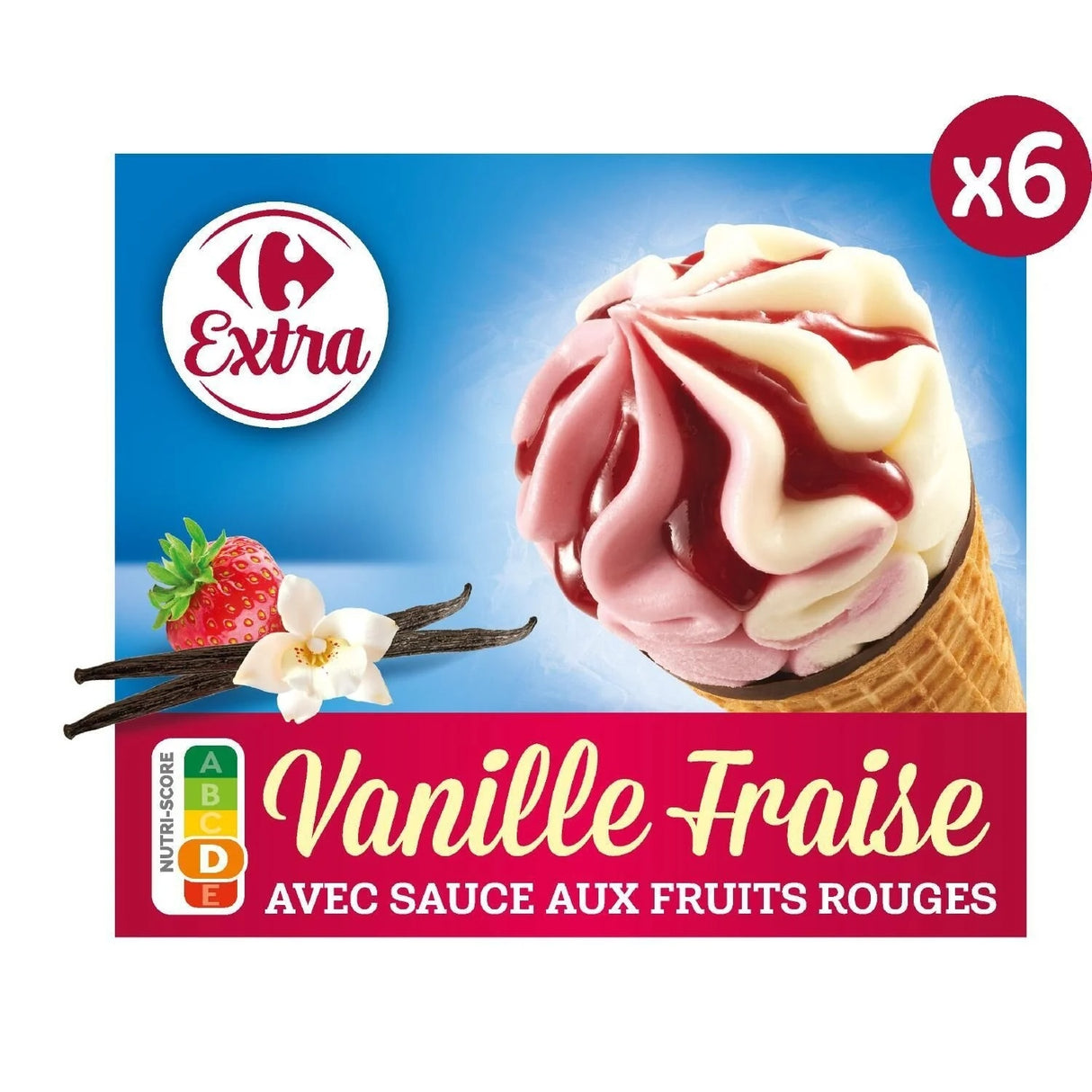 CARREFOUR Cônes Glacés Vanille/Fraise Pack de 6 404 g