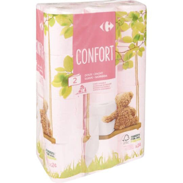 CARREFOUR Papier Hygiénique Rose Confort 2 Plis Pack de 24