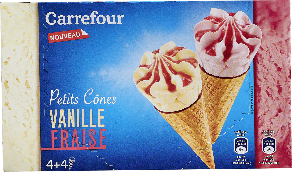 CARREFOUR EXTRA Petits Cônes Glacés Vanille/Fraise Pack de 2