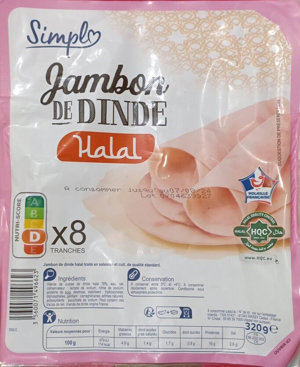 CARREFOUR Jambon de Dinde Halal Pack de 4 Tranches 160 g