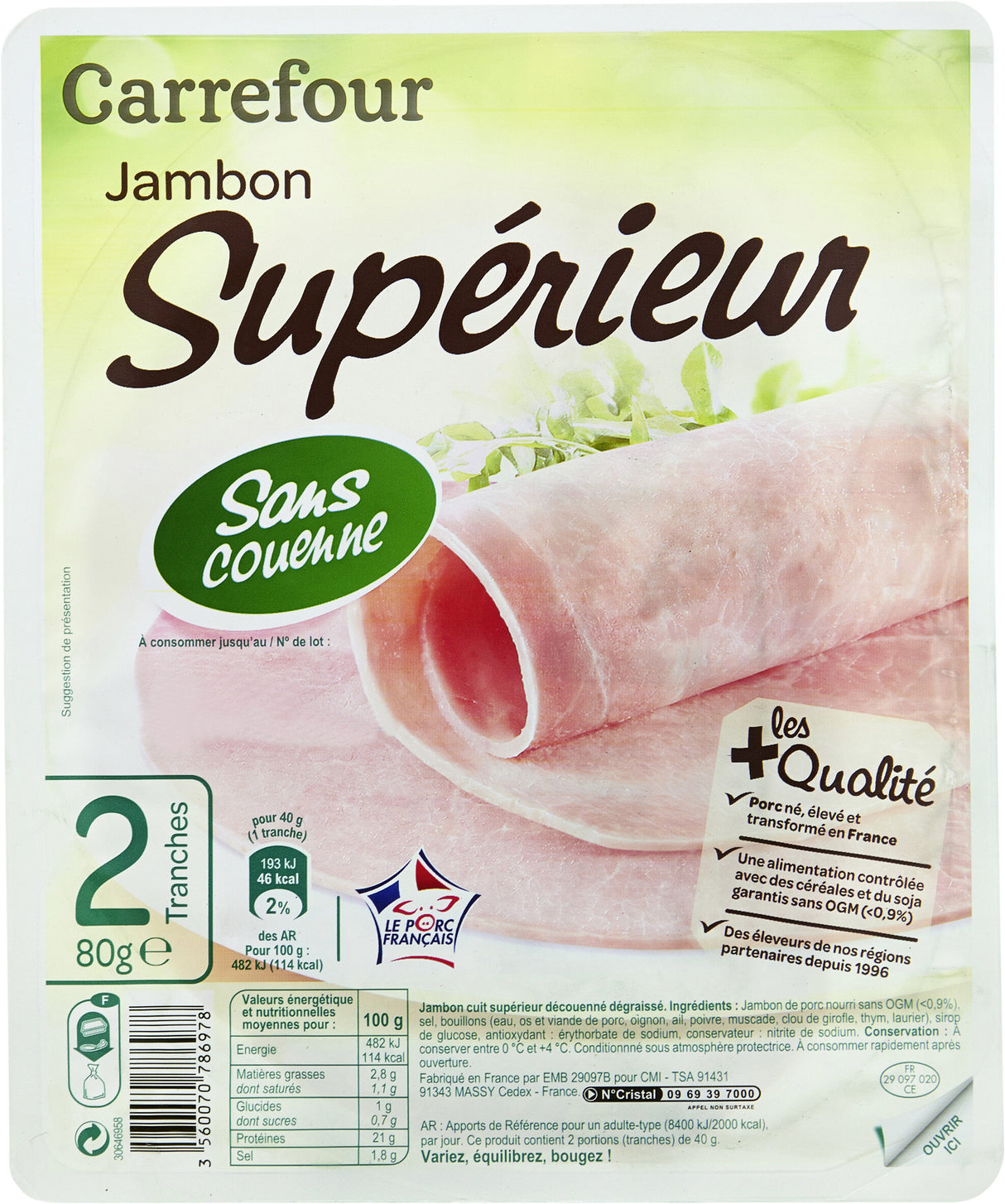 CARREFOUR Jambon Supérieur -25% Sel 80g