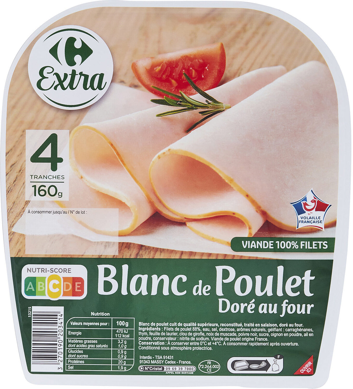 CARREFOUR Blanc de Poulet 4 Tranches 160 g