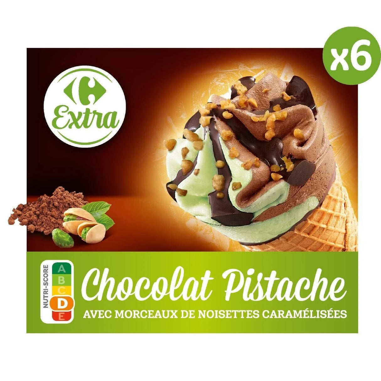 CARREFOUR Cônes Chocolat-Pistache Pack de 6 411 g