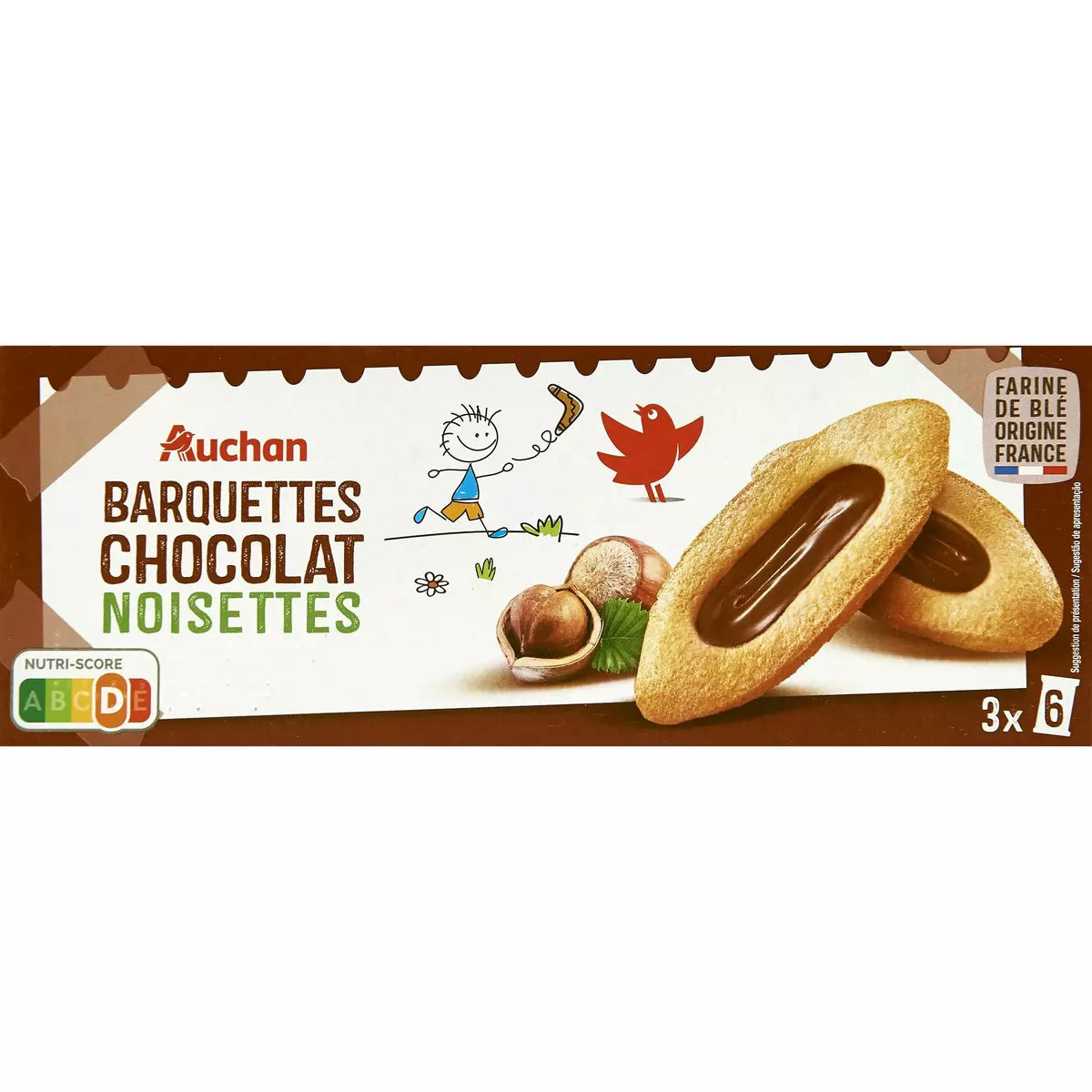 AUCHAN Barquettes chocolat-noisettes, sachets fraîcheur 3x6 biscuits 120g