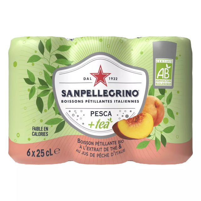 SAN PELLEGRINO Boisson pétillante au thé et au jus de pêche bio boîtes 6x25cl