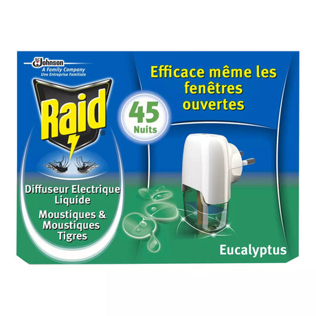 RAID Protection nécessaire contre la gêne causée par les moustiques pendant votre sommeil. Une recharge protège une pièce de 30m3,Efficace lumières allumées et fenêtres légèrement ouvertes,Parfum Eucalyptus,Jusqu´à 45 nuits de 8 h de protection efficace 45 nuits 1 diffuseur