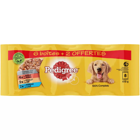 PEDIGREE Boîtes de terrines au poulet boeuf et agneau pour chien 6 boîtes + 2 offerts 8x410g