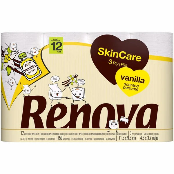 RENOVA Papier Hygiénique Skin Care Vanille 12 Rouleaux 3 Plis