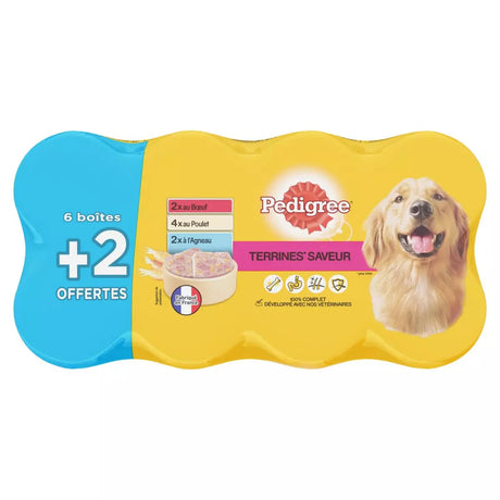 PEDIGREE Boîtes de terrines au poulet boeuf et agneau pour chien 6 boîtes + 2 offerts 8x410g