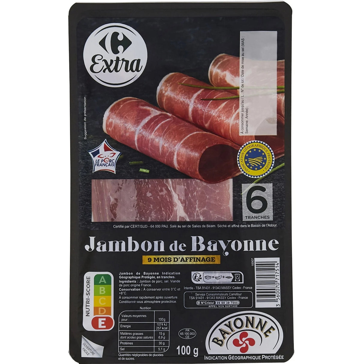 CARREFOUR Jambon de Bayonne 6 Tranches 100 g